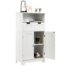 Costway Bathroom Floor Cabinet Wooden Storage Cupboard w/ Adjustable Shelf in White - thumbnail 3