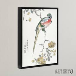 "Artery8 Macaw Parrot & Peach Flowers Framed Canvas Wall Art Print Numata Kashu - Size: W12"" x H16""" - thumbnail 2