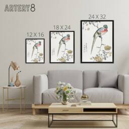 "Artery8 Macaw Parrot & Peach Flowers Framed Canvas Wall Art Print Numata Kashu - Size: W12"" x H16""" - thumbnail 4