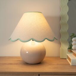 ValueLights Bosco Natural Stone Globe Ceramic Table Lamp with Linen Scalloped Shade & Bulb in Green - thumbnail 1