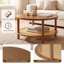 Costway Rattan Coffee Table 2-Tier Round Center Table with Wood Veneered Top in Brown - thumbnail 8
