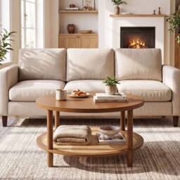 Costway Rattan Coffee Table 2-Tier Round Center Table with Wood Veneered Top in Brown - thumbnail 5