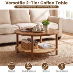 Costway Rattan Coffee Table 2-Tier Round Center Table with Wood Veneered Top in Brown - thumbnail 7