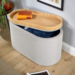 Home Source Storage Ottoman Reversible Lid Table Boucle Teddy Fur Home Box in Light Grey