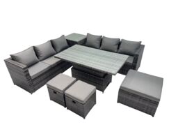 Fimous 9 Seater Outdoor Garden Rattan Furniture Set with 3 Stools Side Table in Dark Grey - thumbnail 2