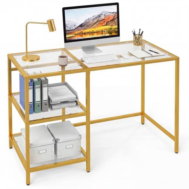 Gymax Tempered Glass Office Desk Metal Frame Writing Desk With Open Shelves in Gold - image 1
