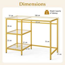 Gymax Tempered Glass Office Desk Metal Frame Writing Desk With Open Shelves in Gold - thumbnail 2