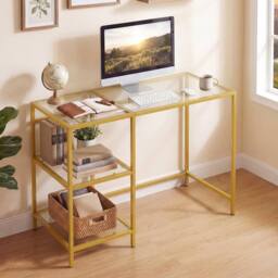 Gymax Tempered Glass Office Desk Metal Frame Writing Desk With Open Shelves in Gold - thumbnail 6