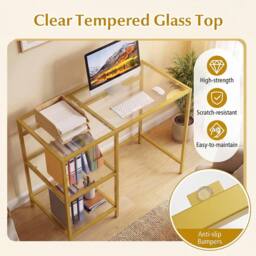 Gymax Tempered Glass Office Desk Metal Frame Writing Desk With Open Shelves in Gold - thumbnail 9