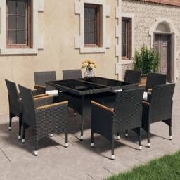 Berkfield Home 9 Piece Garden Dining Set Poly Rattan & Tempered Glass Black - thumbnail 2