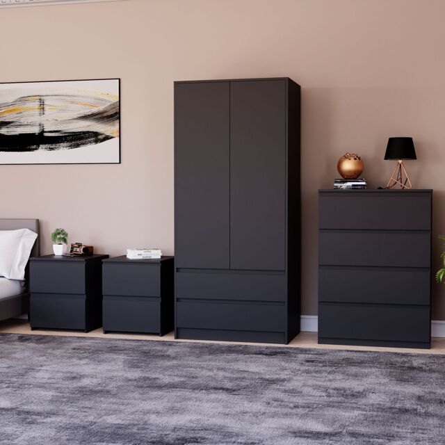 Home Discount Vida Designs Denver 4Pc Bedroom Set(2 Bedside, 4 Drawer Chest, Wardrobe) in Black - image 1