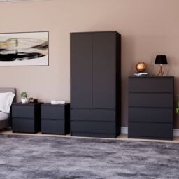 Home Discount Vida Designs Denver 4Pc Bedroom Set(2 Bedside, 4 Drawer Chest, Wardrobe) in Black - thumbnail 1