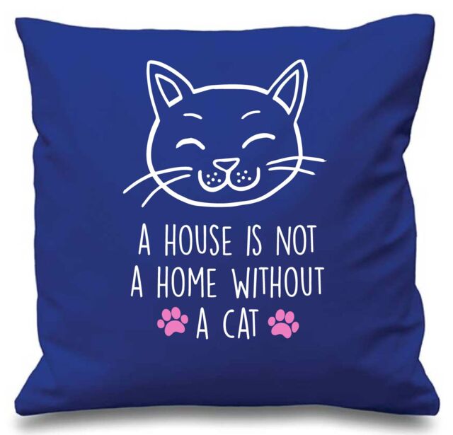 "60 SECOND MAKEOVER Cushion Cover A House Is Not A Home Without A Cat 16"" x 16"" in Blue - Size: 40 cm x 40 cm"