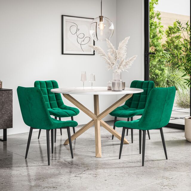 More4Homes Malvern Round Dining Table & Chairs - Marble Table Top w Solid Oak Legs + Nova Velvet Dining Chair Set Of 4 in Green - image 1