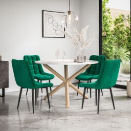 More4Homes Malvern Round Dining Table & Chairs - Marble Table Top w Solid Oak Legs + Nova Velvet Dining Chair Set Of 4 in Green - thumbnail 1