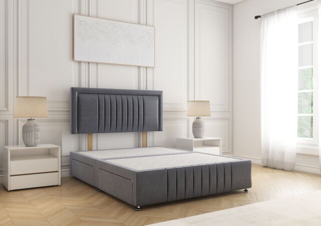 "BSSPOKE Lily Divan Bed Plush Velvet 24"" Headboard & 4 Drawers No Mattress in Charcoal - Size: Small Double" - image 1