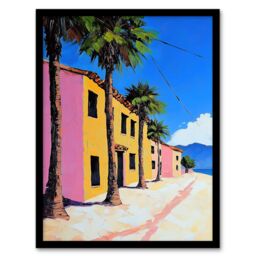 Artery8 Coastal Village Houses Palm Trees Spain Townscape Framed Art Print - Size: A4 - thumbnail 1
