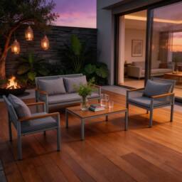 FENCHILIN Garden Lounge Set Double Sofa 2 Airchairs with Table Rattan Metal in Grey - thumbnail 1