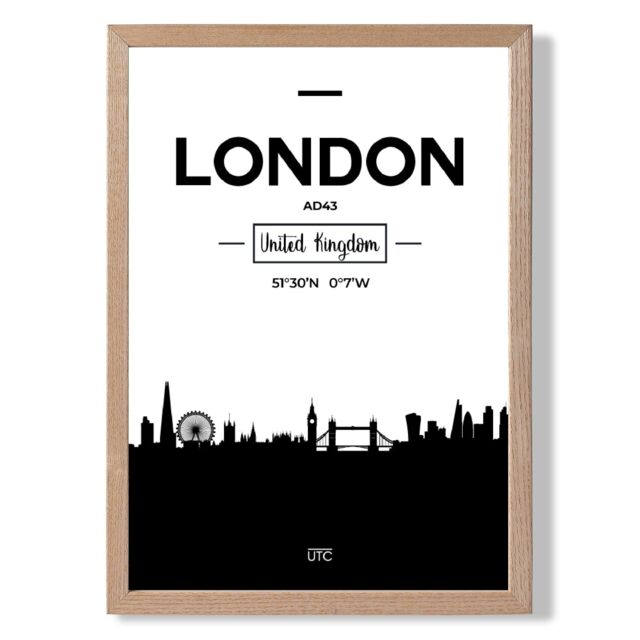 ARTZE London Black & White City Skyline Framed Print SIZE: A4 with Oak Frame - image 1