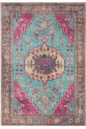 Kukoon Teal Pink Multicolour Distressed Persian Style Non Slip Washable Low Pile Rug in Fuchsia - Size: 60 cm x 110 cm - thumbnail 1