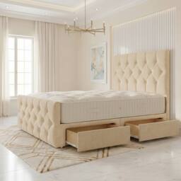 "Somnior Ziggy Linen Divan Bed Mattress 4 Draw 54"" Headboard & 22"" Footboard in Beige - Size: King"