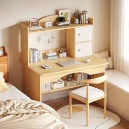 SPETLEK Solid Wood Writing Desk with Storage Shelf in Brown - Size: 0.6m2