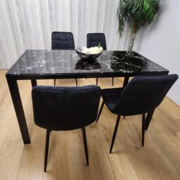 KOSY KOALA Modern Black Glass Marble Effect Dining Table Set With 4 Black Velvet Chairs Dining Room Furniture in Brown - thumbnail 2