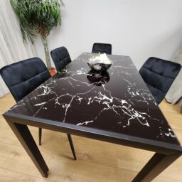 KOSY KOALA Modern Black Glass Marble Effect Dining Table Set With 4 Black Velvet Chairs Dining Room Furniture in Brown - thumbnail 8