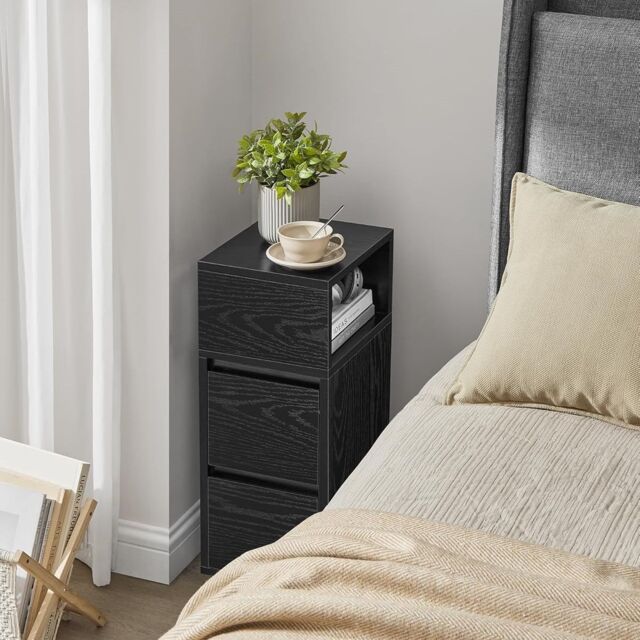 VASAGLE Set of 2 Slim Narrow Bedside Tables Drawers Open Compartment in Black - image 1