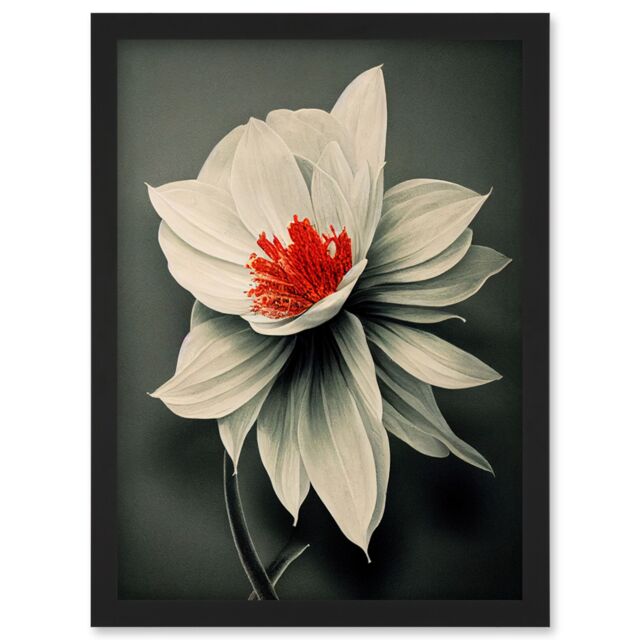 Artery8 Realistic Greyscale Macro Flower Floral Bloom with Orange Red Stamen Artwork Framed Wall Art Print A4 in Black - image 1