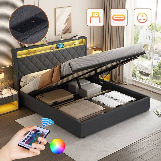 Matteo King Size Grey Linen Ottoman Bed - Button Tufted, LED & USB Charging - image 1
