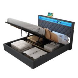 Matteo King Size Grey Linen Ottoman Bed - Button Tufted, LED & USB Charging - thumbnail 9