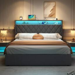 Matteo King Size Grey Linen Ottoman Bed - Button Tufted, LED & USB Charging - thumbnail 2