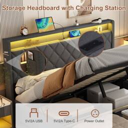 Matteo King Size Grey Linen Ottoman Bed - Button Tufted, LED & USB Charging - thumbnail 6