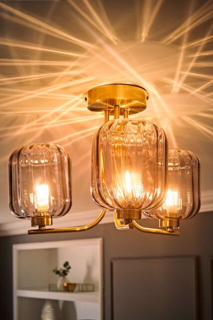 ValueLights Amelie 3 Way Ribbed Glass Gold Ceiling Pendant Light with LED Bulbs - image 1
