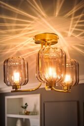 ValueLights Amelie 3 Way Ribbed Glass Gold Ceiling Pendant Light with LED Bulbs