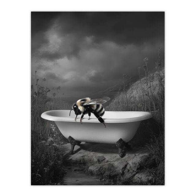 "Artery8 Bumblebee Riverbank Bathtub Black White Surreal Wall Art Print in Grey - Size: W12"" x H16""" - image 1