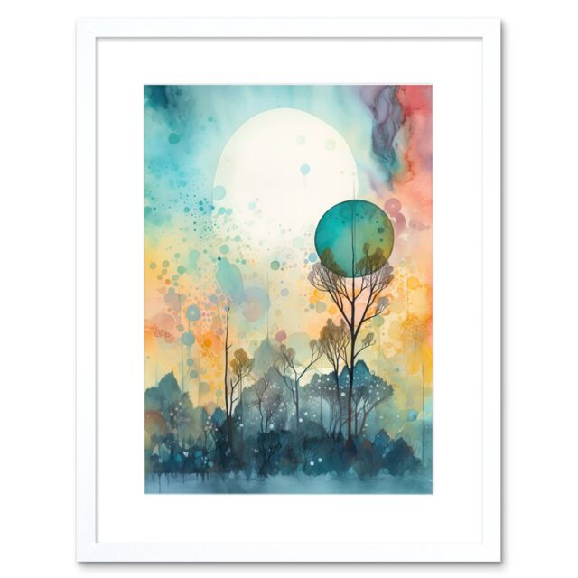 Artery8 Wall Art Print Winter Forest Landscape Dreamland Partial Sun Eclipse & Snowfall over Trees Modern Watercolour Artwork Framed 9X7 Inch - image 1