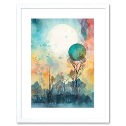 Artery8 Wall Art Print Winter Forest Landscape Dreamland Partial Sun Eclipse & Snowfall over Trees Modern Watercolour Artwork Framed 9X7 Inch - thumbnail 1