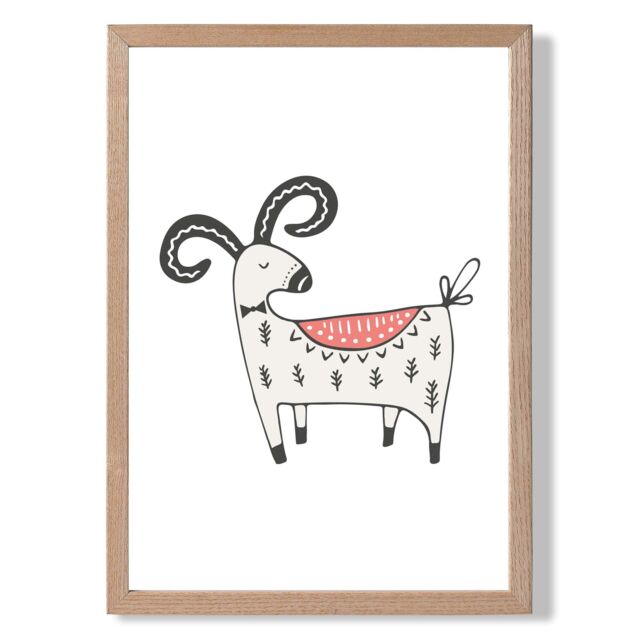 ARTZE Cute Mountain Goat Scandi Animal Framed Print SIZE: A4 with Oak Frame in Beige - image 1