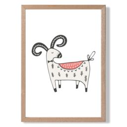 ARTZE Cute Mountain Goat Scandi Animal Framed Print SIZE: A4 with Oak Frame in Beige - thumbnail 1