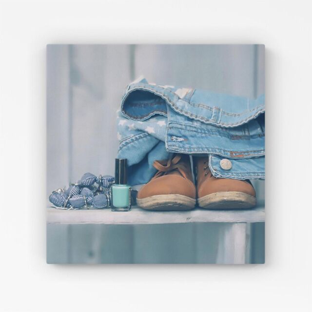 "Warren Reed - Designer Shoes On The Bench Canvas in Blue - Size: W30"" x H30""" - image 1