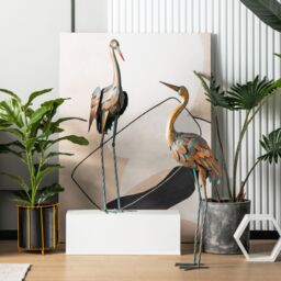 Costway 2Pcs Crane Garden Statue Set Metal Frame Crane Sculpture Statue Decoy Yard Art in Bronze - thumbnail 5