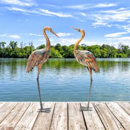 Costway 2Pcs Crane Garden Statue Set Metal Frame Crane Sculpture Statue Decoy Yard Art in Bronze - thumbnail 2