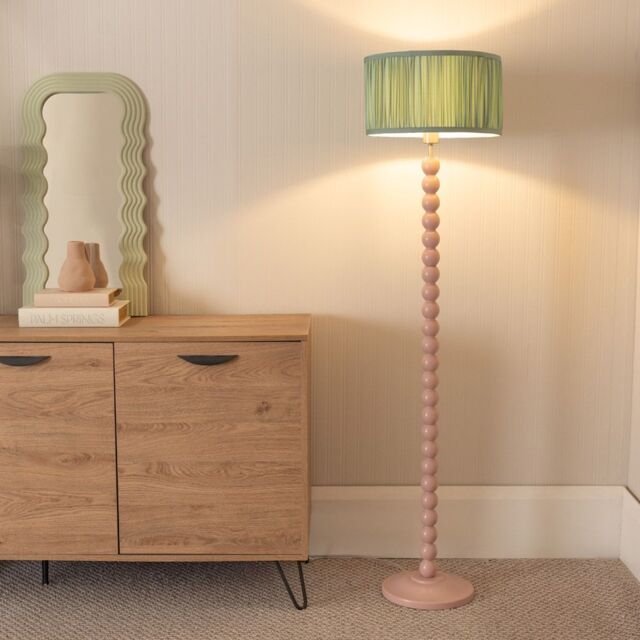 ValueLights Bobbins Painted Rose Floor Lamp with Ruched Pleated Drum Lamp Shade & LED Bulb in Pale Green - image 1