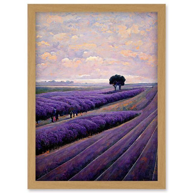 Artery8 Lone Tree In A Field Of Purple Lavender Flowers Artwork Framed Wall Art Print A4 in Light Oak - image 1