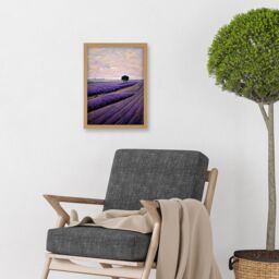 Artery8 Lone Tree In A Field Of Purple Lavender Flowers Artwork Framed Wall Art Print A4 in Light Oak - thumbnail 2