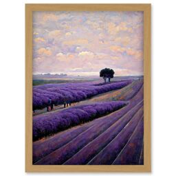 Artery8 Lone Tree In A Field Of Purple Lavender Flowers Artwork Framed Wall Art Print A4 in Light Oak - thumbnail 1