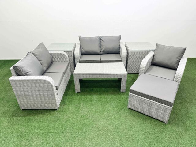 Fimous High Back Poly Rattan Garden Furniture Set w/ Reclining Chair Loveseat Sofa Oblong Coffee Table Indoor Outdoor Patio Set Big Stool 2 Side - image 1