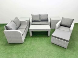 Fimous High Back Poly Rattan Garden Furniture Set w/ Reclining Chair Loveseat Sofa Oblong Coffee Table Indoor Outdoor Patio Set Big Stool 2 Side - thumbnail 1